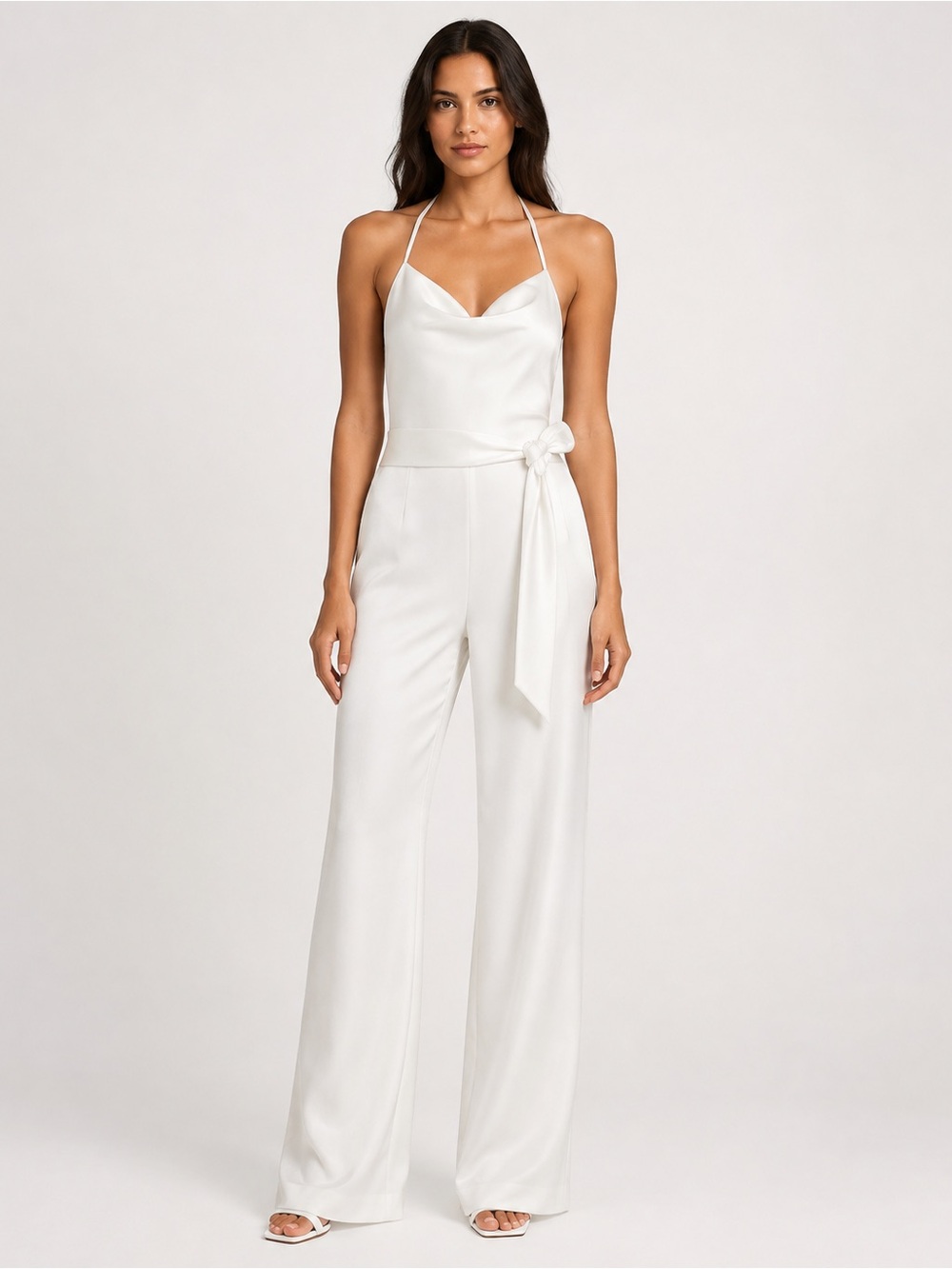 Alice + Olivia White Halter Cowl-Neck Wide-Leg Jumpsuit with Tie Waist